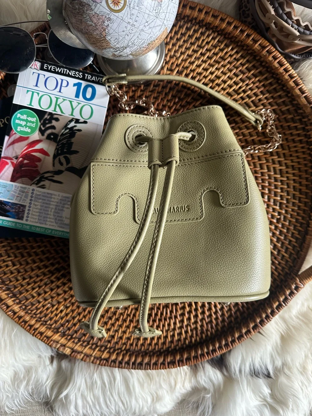 Paul Marius “Capucine” Almond Sage Green Leather Drawstring Bucket Crossbody Bag
